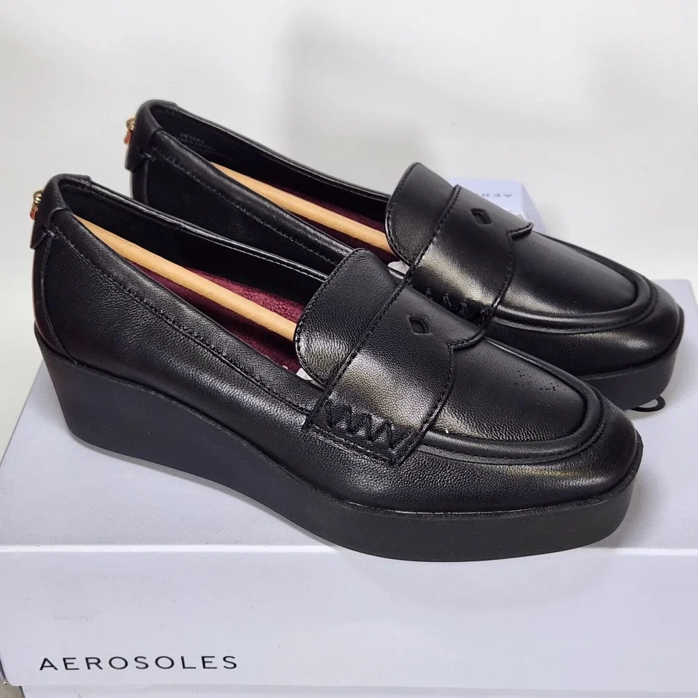 Aerosoles Cetara Platform Loafer Women Size 5 Black Leather Wedge Slip On